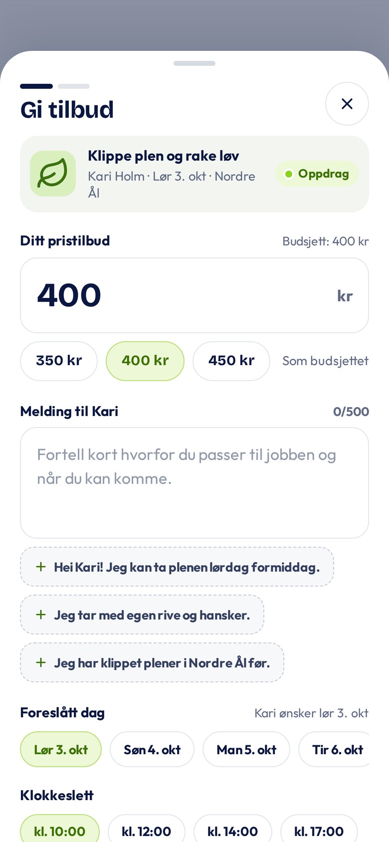 Gi tilbud på et oppdrag